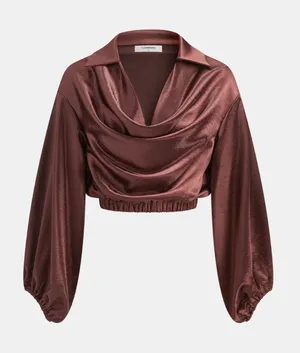 COMMENSE Satin Cowl Neck Cropped Cinched Blouse Brown Size M thumbnail 1