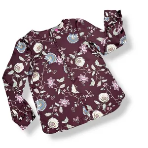Vince Camuto Floral‎ Puff Sleeve Button Front Blouse Brown Pink Small Wildflower thumbnail 12