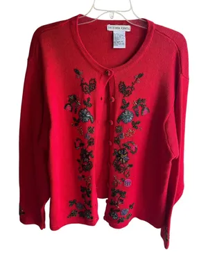 Victoria Jones 90's Women's Red Floral Beaded‎ Button Down Ramie Cardigan Large thumbnail 1