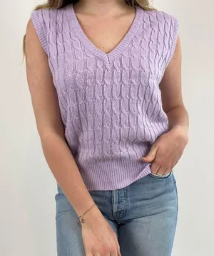 Vintage Pastel Cableknit Sweater Vest Purple thumbnail 1