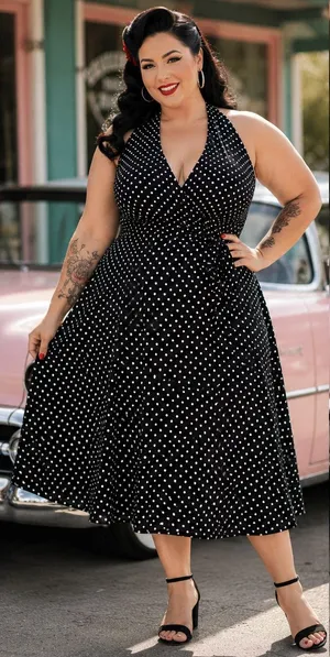 Melanie Lyne Polka Dot Halter Dress Sz 16 Pinup Black Open Back Rockabilly Retro thumbnail 1