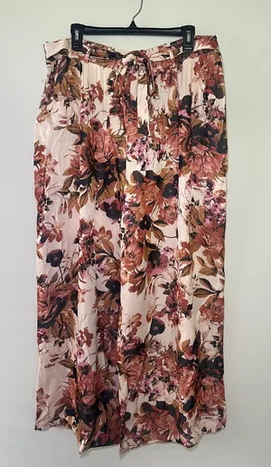 LuLaRoe Floral Pink & Brown Dianne Pants with Tie Waist thumbnail 1