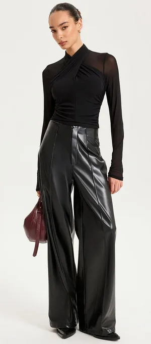 Commense Black Mesh Ruched Cross-Halter Long Sleeve Top NWT Size Small thumbnail 1