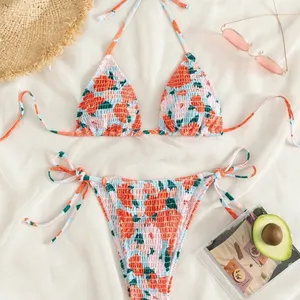 Floral Smocked Tie-Side Bikini Set - Coral & Teal thumbnail 1