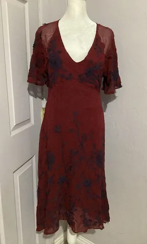 Anthropologie Maeve Francoise Red Floral Embroidered Midi Dress V-Neck 2 thumbnail 2