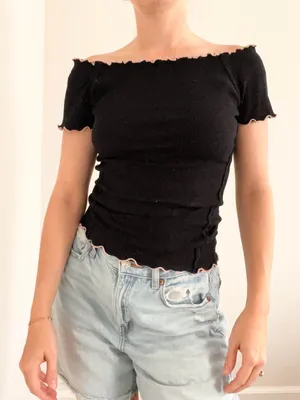 We The Free Black Off-the-Shoulder Ribbed Lettuce-Trim Crop Top thumbnail 3