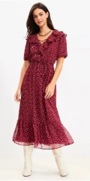 LOFT Flowy Chiffon Midi Dress Maroon Floral Ruffle cap Sleeve Sz M Fem Romantic thumbnail 1