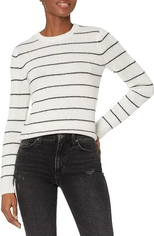 VINCE Cotton Lightweight Mesh White Black Stripe Crewneck Long Sleeve Sweater S thumbnail 1