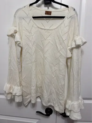 POL Cream Pointelle Knit Ruffle Sleeve Sweater Womens Large Boho Cream thumbnail 1