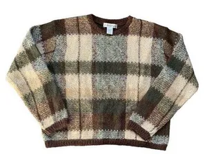 Vintage Dressbarn Brown, Tan & Green Mohair Blend Crop Crewneck Sweater L thumbnail 1
