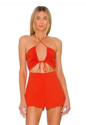superdown Ruched Tie Romper in Poppy thumbnail 1