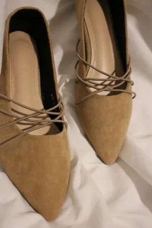Tan Suede Pointed Toe Flats Ballet Cross Front Straps Strappy Detail thumbnail 1
