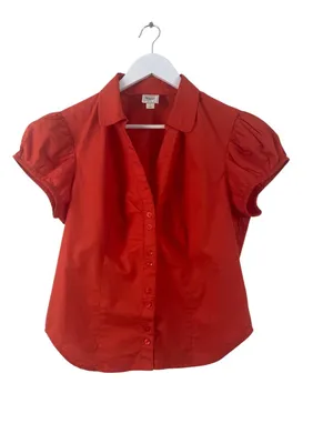 Anthropologie Maeve Red Short Puff Sleeve Ruched Blouse L thumbnail 2
