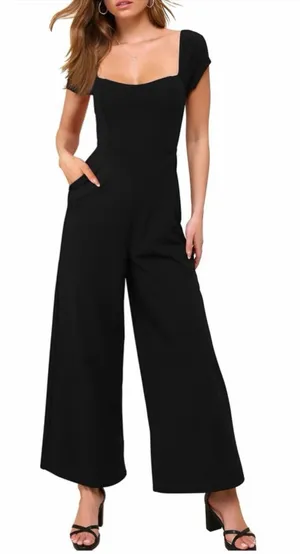 NEW Black Cap Sleeve Square Jumpsuit Pockets L thumbnail 1