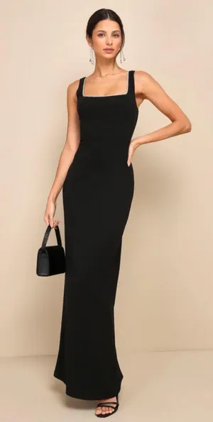 Lulus Timeless Poise Black Rhinestone Square Neck Backless Maxi Dress thumbnail 1