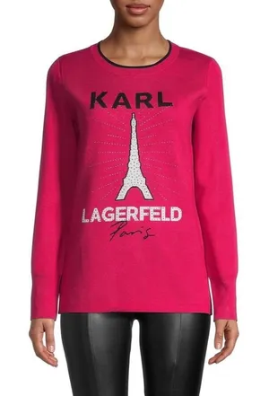 Karl Lagerfeld Paris Hot Pink Eiffel Tower Rhinestone Sweater M NWT Parisian thumbnail 1