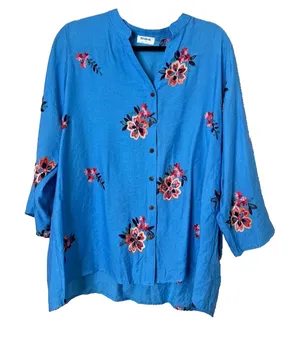 Kindred Womens Floral Embroidered Button Up Shirt Top Size‎ 1X Boho Blue Cottage thumbnail 1