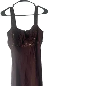 Jones New York Dress Y2k Size 10 Brown Chiffon 100%‎ Silk Beaded Midi Dress thumbnail 2