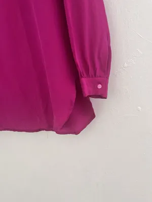 ⁠Vintage 80s 90s Magenta 100% Silk Blouse Mandarin Split Neck M⁠EDIUM NEW thumbnail 3
