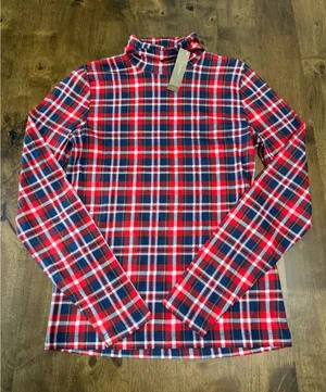 NWT‎ Womens J. Crew tissue turtleneck red navy white plaid 100% cotton size M thumbnail 1