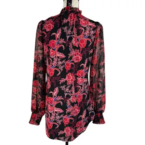 WHBM Small Tunic Top Floral Lined Long Balloon Sleeve Stretch Keyhole Smocked thumbnail 8