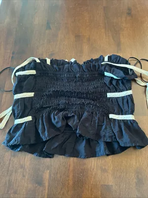 Thirty Thirty LA Crop Top Ruffle Bow Ties Black Cream Coquette Y2K Women's XS thumbnail 9