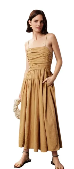 Toccin- Ruched Bodice Tie Midi Dress in Tan Size 4 thumbnail 1