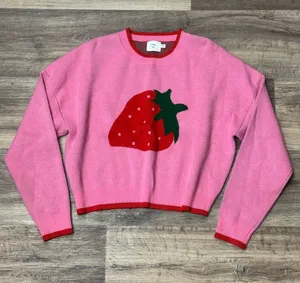 Luna Ivy Pink Knit Strawberry Crewneck Sweater Women’s Small thumbnail 1