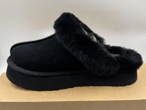 UGG Disquette Black Suede Fur Cuff Slide Platform Slipper Shoes Size 7 Women New thumbnail 1