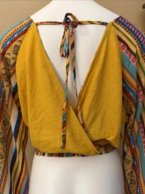 Flying Tomato Golden Yellow Wrap Blouse with Multicolor Stripe Sleeves thumbnail 5