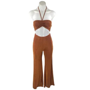 Beginning Boutique Stassie Brown Metallic Glitter Halter Top Flare Pants Set 8 thumbnail 2