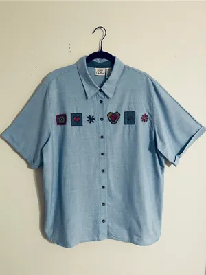 Vtg Koret City Blues Chambray Shirt 18W Embroidery Beads Crochet 90’s Teacher thumbnail 2