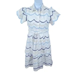 Boutique Blue White Eyelet Cottagecore Midi Dress Tie Waist XL thumbnail 2