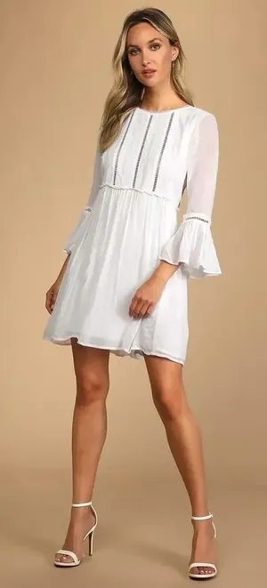 Lulus Women's Small White Crochet Lace Babydoll Long Sleeve Short Party Dress‎ thumbnail 1