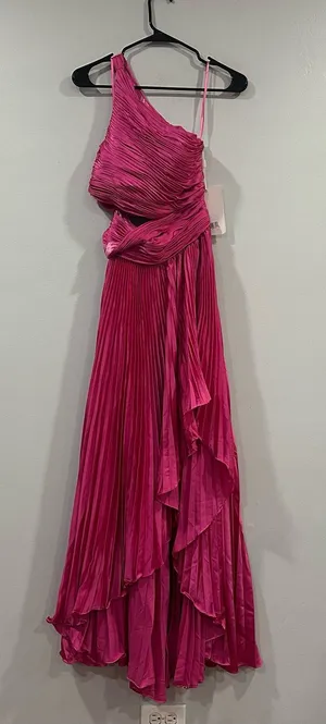 Mac Duggal 49837 Fuchsia Pink One Shoulder Pleated Charmeuse Gown with Slit sz 0 thumbnail 1