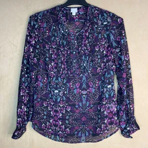 Converse One Star Womens Purple Blue Floral Pintuck‎ Blouse Sz M Long Sleeve EUC thumbnail 1