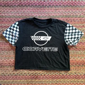 RETRO CORVETTE CHEVY CHECKERED SLEEVE CROP TEE Black thumbnail 1