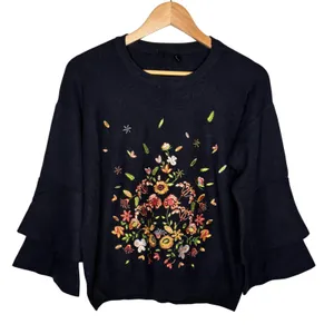 Blu Pepper Embroidered Bell Sleeve Sweater Boho‎ Navy Blue Floral Size Medium thumbnail 2