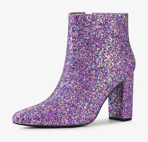 Allegra K Glitter Pointed Toe Chunky Heel Ankle Boots thumbnail 1