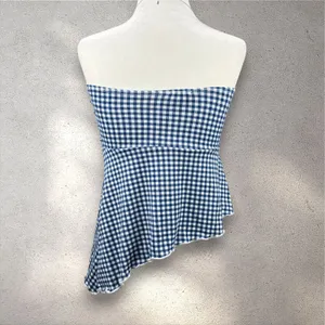 Y2K Style Tree Gingham Tube Top Women's M Blue Plaid Asymmetrical Summer Boho thumbnail 2
