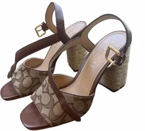 NEW Coach Logo Maddy Sandal Khaki Saddle Summer Woven Block Heel $198.00 Tan thumbnail 5