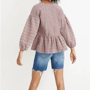 Madewell Striped Bubble-Sleeve Peplum Top V-Neck Size L thumbnail 3