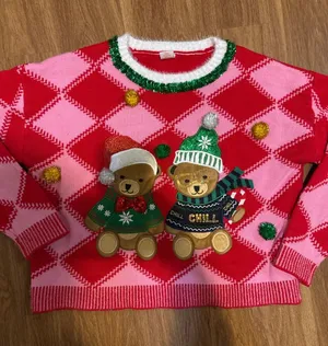 Holiday Time Womens Red Pink Argyle Teddy Bear Ugly Christmas Sweater Lg 12-14‎ thumbnail 1