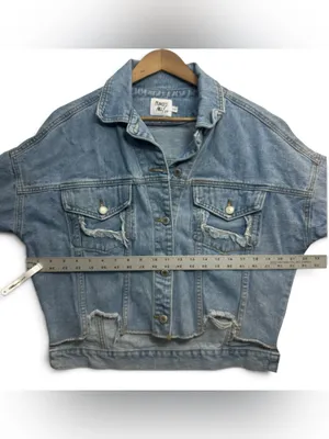 Princess Polly S/M Oversized Distressed Denim Jacket Light Wash Raw Hem thumbnail 5