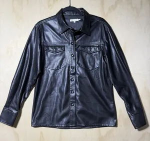 Good American Faux Leather Shirt Jacket Black Snap Button Women Sz 2‎ thumbnail 1