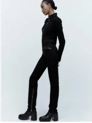 NWT ZARA Black Zip Denim Jumpsuit Long Sleeve Moto Utility XS 8197/247 Stretch thumbnail 4