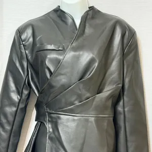 Missguided Womens Faux Leather Wrap Jacket Black Peplum Stand Collar medium thumbnail 6