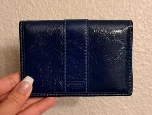 Navy Blue Patent Leather Coach Wallet with Pink Interior thumbnail 1