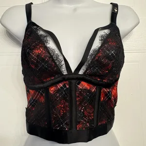 Victorias Secret Med Red Black Plaid Lace Satin Bustier‎ Longline Bra Very Sexy thumbnail 4