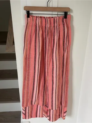 Free People Day's End Linen Striped Pull-On Pants in Soft Coral Combo NWT thumbnail 3